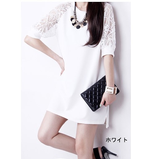 レディース　ボックスワンピース　ドレス　レース　花柄　5分袖　膝上丈　大きいサイズ　無地　ラウンドネック　春夏　大人カジュアル　大きいサイズ　シンプル　おしゃれ　オフィス　リゾート　普段着　デイリー　お出かけ　デート　グリーン　ブラック　ホワイト　送料無料