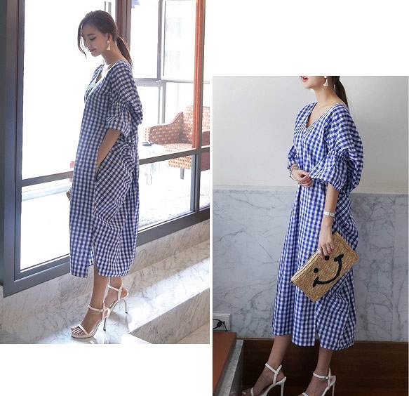 レディース　ワンピース　サマードレス　ロングワンピ　半袖　チェック　Vネック　ゆったり　春夏　大人カジュアル　セクシー　フリーサイズ　シンプル　リゾート　普段着　デイリー　お出かけ　デート　ブルー　ブラック　送料無料