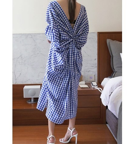 レディース　ワンピース　サマードレス　ロングワンピ　半袖　チェック　Vネック　ゆったり　春夏　大人カジュアル　セクシー　フリーサイズ　シンプル　リゾート　普段着　デイリー　お出かけ　デート　ブルー　ブラック　送料無料