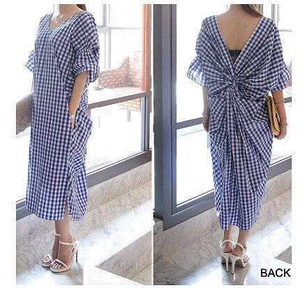 レディース　ワンピース　サマードレス　ロングワンピ　半袖　チェック　Vネック　ゆったり　春夏　大人カジュアル　セクシー　フリーサイズ　シンプル　リゾート　普段着　デイリー　お出かけ　デート　ブルー　ブラック　送料無料