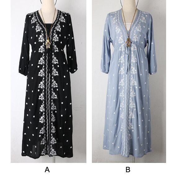 レディース　マキシ丈　ワンピース　刺繍　ロングワンピ　5分袖　フレア　Vネック　ゆったり　春夏　大人カジュアル　大きいサイズ　シンプル　リゾート　デイリー　お出かけ　デート　ブラック　ブルー　ピンク　ブルー　ブラック　グリーン　レッド　ホワイト　送料無料