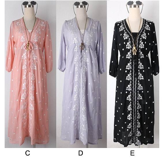 レディース　マキシ丈　ワンピース　刺繍　ロングワンピ　5分袖　フレア　Vネック　ゆったり　春夏　大人カジュアル　大きいサイズ　シンプル　リゾート　デイリー　お出かけ　デート　ブラック　ブルー　ピンク　ブルー　ブラック　グリーン　レッド　ホワイト　送料無料