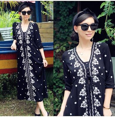 レディース　マキシ丈　ワンピース　刺繍　ロングワンピ　5分袖　フレア　Vネック　ゆったり　春夏　大人カジュアル　大きいサイズ　シンプル　リゾート　デイリー　お出かけ　デート　ブラック　ブルー　ピンク　ブルー　ブラック　グリーン　レッド　ホワイト　送料無料