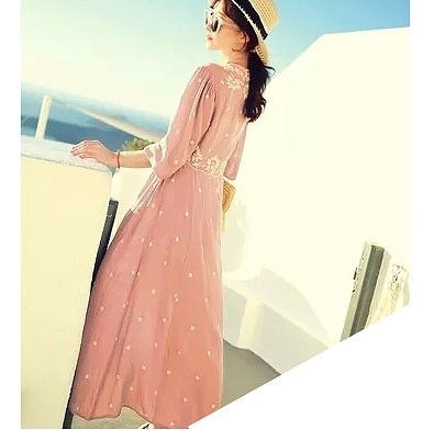 レディース　マキシ丈　ワンピース　刺繍　ロングワンピ　5分袖　フレア　Vネック　ゆったり　春夏　大人カジュアル　大きいサイズ　シンプル　リゾート　デイリー　お出かけ　デート　ブラック　ブルー　ピンク　ブルー　ブラック　グリーン　レッド　ホワイト　送料無料