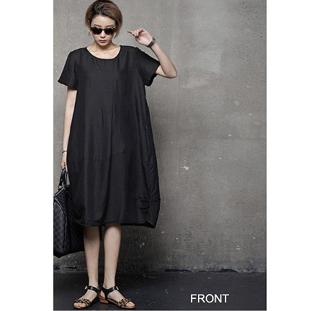 レディース　バルーンワンピース　ドレス　半袖　膝丈　ミモレ丈　無地　ラウンドネック　大人カジュアル　シンプル　おしゃれ　オフィス　リゾート　普段着　デイリー　お出かけ　デート　ブラック　ネイビー　送料無料