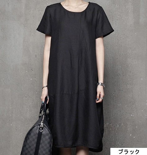 レディース　バルーンワンピース　ドレス　半袖　膝丈　ミモレ丈　無地　ラウンドネック　大人カジュアル　シンプル　おしゃれ　オフィス　リゾート　普段着　デイリー　お出かけ　デート　ブラック　ネイビー　送料無料
