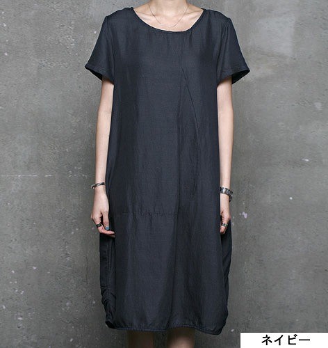 レディース　バルーンワンピース　ドレス　半袖　膝丈　ミモレ丈　無地　ラウンドネック　大人カジュアル　シンプル　おしゃれ　オフィス　リゾート　普段着　デイリー　お出かけ　デート　ブラック　ネイビー　送料無料