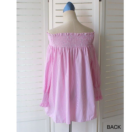 レディース　トップス　ドルマン　オフショルダー　カットソー　ラウンドネック　しわ加工　長袖　ストライプ　シンプル　カジュアル　フリーサイズ　大人可愛い　フェミニン　オフィス　デート　お出かけ　デイリー　普段着　ピンク　ホワイト　送料無料