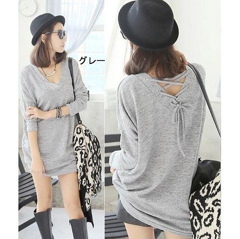 レディース　トップス　ロンT　ロング　Tシャツ　カットソー　Vネック　長袖　無地　ゆるT　シンプル　カジュアル　フリーサイズ　大人可愛い　フェミニン　オフィス　デート　お出かけ　デイリー　普段着　グレー　ブラック　送料無料