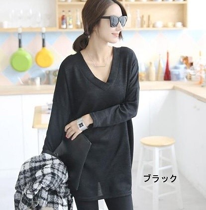 レディース　トップス　ロンT　ロング　Tシャツ　カットソー　Vネック　長袖　無地　ゆるT　シンプル　カジュアル　フリーサイズ　大人可愛い　フェミニン　オフィス　デート　お出かけ　デイリー　普段着　グレー　ブラック　送料無料