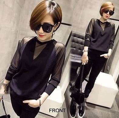 レディース　トップス　シースルー　カットソー　ラウンドネック　Vネック　長袖　無地　シンプル　セクシー　大人可愛い　大きいサイズ　オフィス　デート　お出かけ　デイリー　普段着　ブラック　送料無料