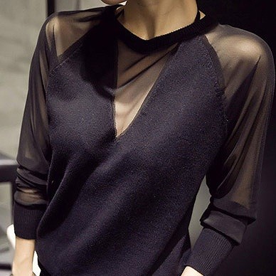 レディース　トップス　シースルー　カットソー　ラウンドネック　Vネック　長袖　無地　シンプル　セクシー　大人可愛い　大きいサイズ　オフィス　デート　お出かけ　デイリー　普段着　ブラック　送料無料