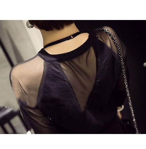 レディース　トップス　シースルー　カットソー　ラウンドネック　Vネック　長袖　無地　シンプル　セクシー　大人可愛い　大きいサイズ　オフィス　デート　お出かけ　デイリー　普段着　ブラック　送料無料