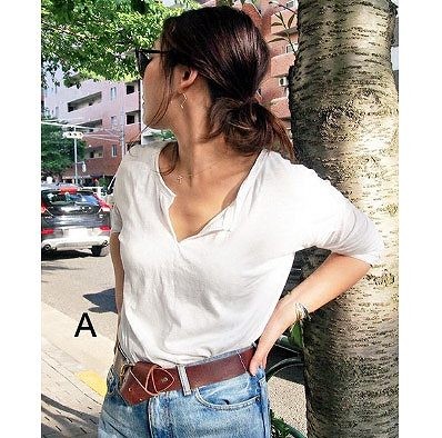 レディース　トップス　スリットネック　Tシャツ　カットソー　無地　長袖　シンプル　カジュアル　フリーサイズ　大人可愛い　デート　お出かけ　デイリー　普段着　ホワイト　グレー　ブルー　オレンジ　ブラック　送料無料