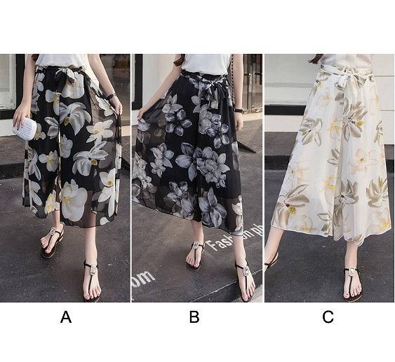 レディース　ガウチョパンツ　ワイドパンツ　スカーチョ　シフォン　ボトムス　花柄　フラワー　ボタニカル柄　大人カジュアル　シンプル　リゾート　普段着　デイリー　お出かけ　旅行　デート　ブラック　ホワイト　グレー　送料無料