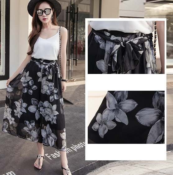 レディース　ガウチョパンツ　ワイドパンツ　スカーチョ　シフォン　ボトムス　花柄　フラワー　ボタニカル柄　大人カジュアル　シンプル　リゾート　普段着　デイリー　お出かけ　旅行　デート　ブラック　ホワイト　グレー　送料無料