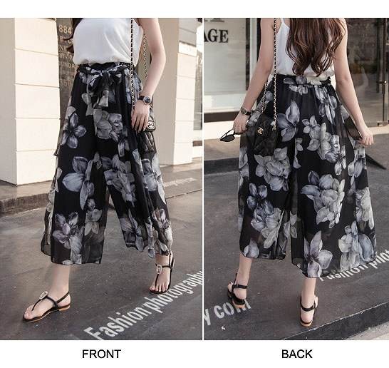 レディース　ガウチョパンツ　ワイドパンツ　スカーチョ　シフォン　ボトムス　花柄　フラワー　ボタニカル柄　大人カジュアル　シンプル　リゾート　普段着　デイリー　お出かけ　旅行　デート　ブラック　ホワイト　グレー　送料無料
