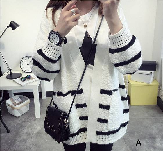 レディース　カーディガン　ボーダー　ロング　長袖　フリーサイズ　秋冬　シンプル　ゆったり　ロングカーデ　フリーサイズ　ウール　大人カジュアル　フェミニン　普段着　おしゃれ　デート　リゾート　ホワイト　ブラック　送料無料