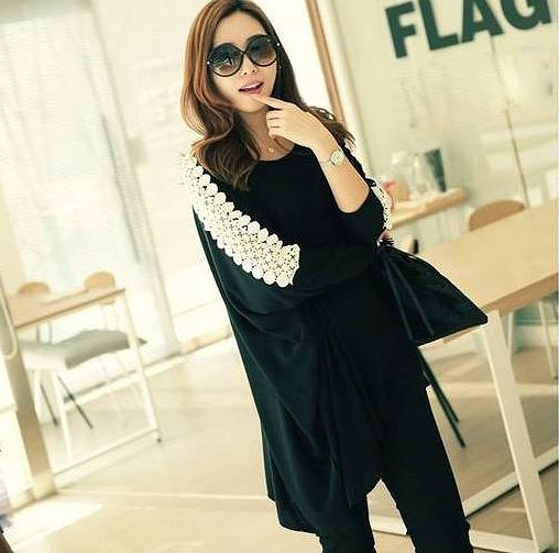 レディース　トップス　ロング　カットソー　チュニック　ラウンドネック　ショルダーレース　長袖　無地　シンプル　体型カバー　フリーサイズ　ゆったり　大人カジュアル　フェミニン　ラフスタイル　普段着　おしゃれ　デート　リゾート　ブラック　送料無料