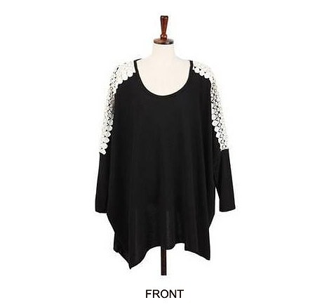 レディース　トップス　ロング　カットソー　チュニック　ラウンドネック　ショルダーレース　長袖　無地　シンプル　体型カバー　フリーサイズ　ゆったり　大人カジュアル　フェミニン　ラフスタイル　普段着　おしゃれ　デート　リゾート　ブラック　送料無料