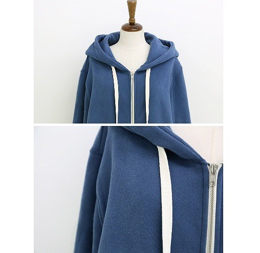 レディース　アウター　大きめフード付き　ロングパーカー　カーディガン　無地　長袖　裏起毛　ジップアップ　フリーサイズ　秋冬　シンプル　ゆったり　大人カジュアル　フェミニン　普段着　おしゃれ　デート　リゾート　ブルー　ブラック　送料無料