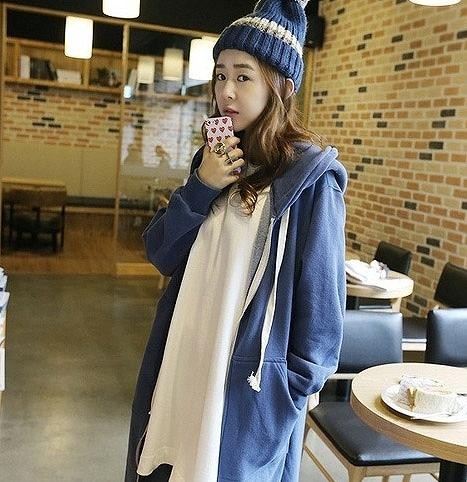 レディース　アウター　大きめフード付き　ロングパーカー　カーディガン　無地　長袖　裏起毛　ジップアップ　フリーサイズ　秋冬　シンプル　ゆったり　大人カジュアル　フェミニン　普段着　おしゃれ　デート　リゾート　ブルー　ブラック　送料無料