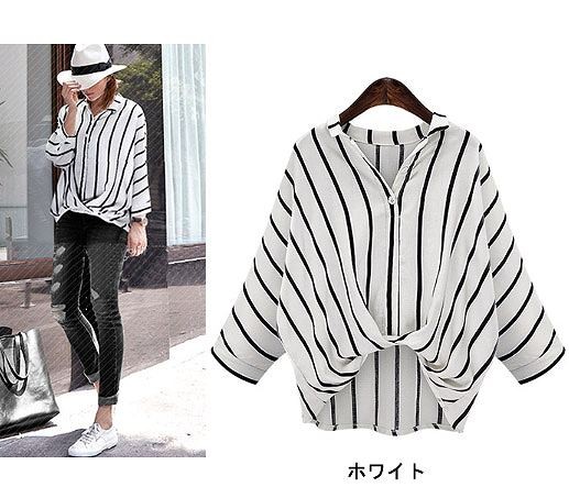 レディース　トップス　シャツ　ブラウス　ストライプ　裾バルーン　シンプル　ふんわり　大きいサイズ　大人カジュアル　長袖　上品　フェミニン　普段着　おしゃれ　デート　リゾート　ホワイト　ブラック　送料無料