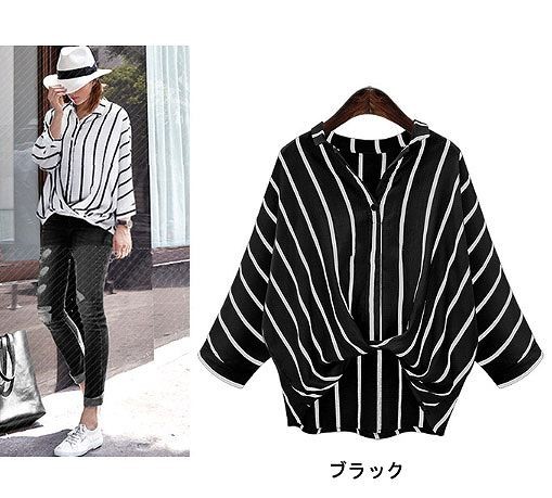 レディース　トップス　シャツ　ブラウス　ストライプ　裾バルーン　シンプル　ふんわり　大きいサイズ　大人カジュアル　長袖　上品　フェミニン　普段着　おしゃれ　デート　リゾート　ホワイト　ブラック　送料無料