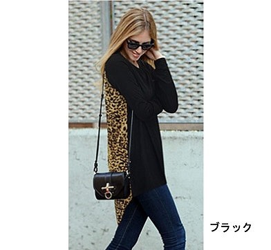レディース　トップス　ロング　カットソー　ロンT　チュニック　ヒョウ柄　無地　ラウンドネック　長袖　大きいサイズ　ゆったり　大人カジュアル　パンク　ロック　普段着　おしゃれ　デート　リゾート　グレー　ブラック　送料無料