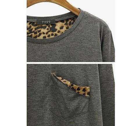 レディース　トップス　ロング　カットソー　ロンT　チュニック　ヒョウ柄　無地　ラウンドネック　長袖　大きいサイズ　ゆったり　大人カジュアル　パンク　ロック　普段着　おしゃれ　デート　リゾート　グレー　ブラック　送料無料
