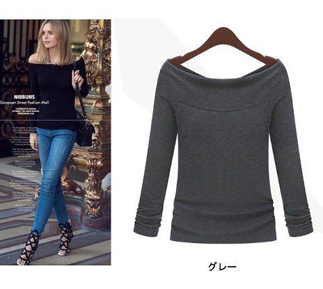 レディース　トップス　Tシャツ　カットソー　オフショルダー　ボートネック　長袖　シンプル　大きいサイズ　ゆったり　大人カジュアル　フェミニン　エレガント　普段着　おしゃれ　デート　リゾート　ブラック　グレー　ホワイト　送料無料