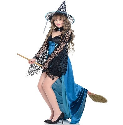 レディース　ハロウィン　コスチューム　魔女　魔法使い　セクシー　フリーサイズ　本格派　リアルデザイン　公演　演劇　お化け　ハロウィン　コスプレ　衣装　イベント　パーティ　仮装　ブラック　ブルー　送料無料