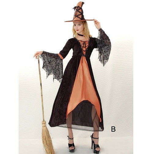レディース　ハロウィン　コスチューム　魔女　魔法使い　フリーサイズ　本格派　リアルデザイン　公演　演劇　お化け　ハロウィン　コスプレ　衣装　イベント　パーティ　仮装　ブラック　オレンジ　送料無料