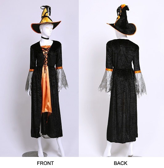 レディース　ハロウィン　コスチューム　魔女　魔法使い　フリーサイズ　本格派　リアルデザイン　公演　演劇　お化け　ハロウィン　コスプレ　衣装　イベント　パーティ　仮装　ブラック　オレンジ　送料無料