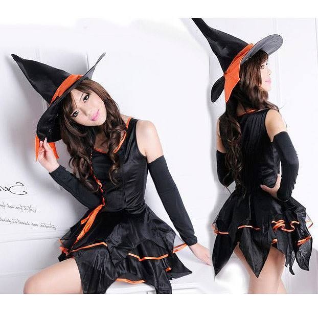 レディース　ハロウィン　コスチューム　魔女　魔法使い　セクシー　可愛い　キュート　フリーサイズ　本格派　リアルデザイン　公演　演劇　お化け　ハロウィン　コスプレ　衣装　イベント　パーティ　仮装　ブラック　オレンジ　送料無料
