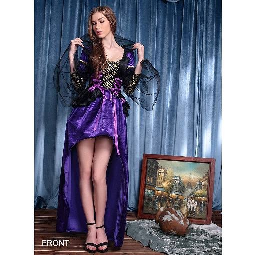 レディース　ハロウィン　コスチューム　お妃様　女王様　魔女　魔法使い　白雪姫　シンデレラ　舞踏会　ダンス　フリーサイズ　本格派　リアルデザイン　公演　演劇　お化け　ハロウィン　コスプレ　衣装　イベント　パーティ　仮装　パープル　ブラック　送料無料