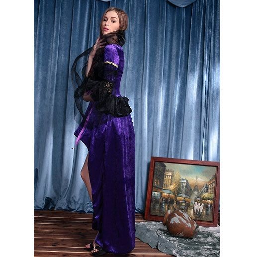 レディース　ハロウィン　コスチューム　お妃様　女王様　魔女　魔法使い　白雪姫　シンデレラ　舞踏会　ダンス　フリーサイズ　本格派　リアルデザイン　公演　演劇　お化け　ハロウィン　コスプレ　衣装　イベント　パーティ　仮装　パープル　ブラック　送料無料
