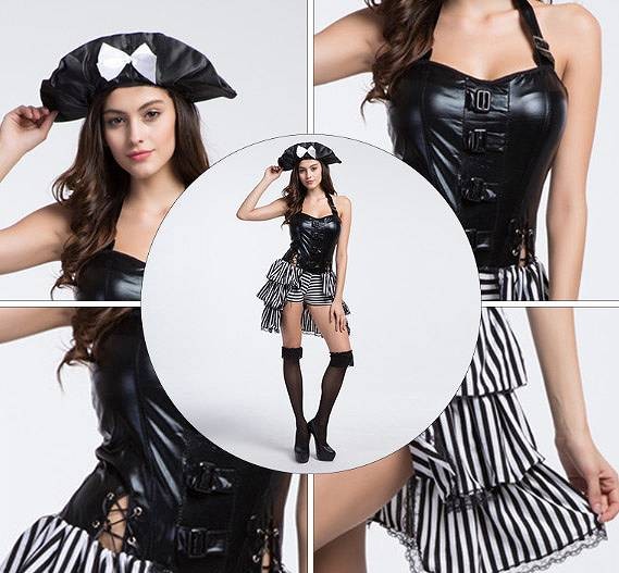 レディース　コスチューム　女海賊　キャプテン　パイレーツ　フリーサイズ　本格派　リアルデザイン　ハロウィン　公演　演劇　お化け　コスプレ　衣装　イベント　パーティ　仮装　ブラック　送料無料