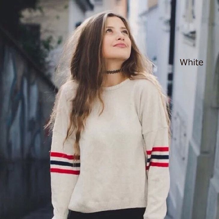 レディース　セーター　長袖　ストライプ　ラウンドネック　ミディアム丈　大人カジュアル　普段着　お出かけ　おしゃれ　デート　リゾート　ホワイト　レッド　グレー　ブラック　送料無料