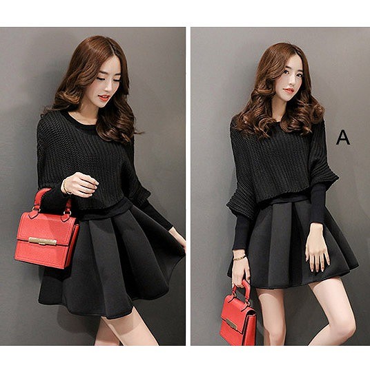 レディース　ニット　ツーピースドレス　トップス＆ワンピース　ミニワンピ　長袖　ポンチョ風　ラウンドネック　無地　大人可愛い　シンプル　リゾート　お出かけ　パーティ　入学式　卒業式　謝恩会　デート　ブラック　グレー　送料無料