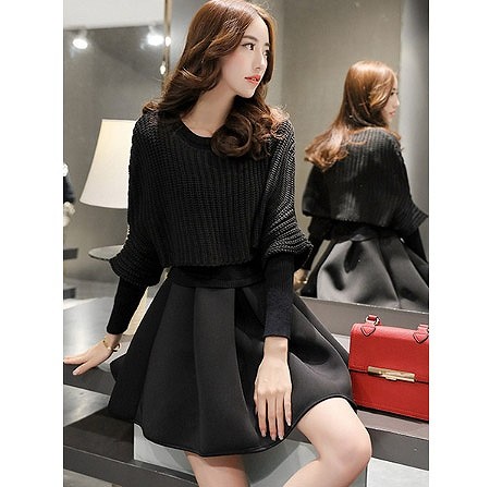 レディース　ニット　ツーピースドレス　トップス＆ワンピース　ミニワンピ　長袖　ポンチョ風　ラウンドネック　無地　大人可愛い　シンプル　リゾート　お出かけ　パーティ　入学式　卒業式　謝恩会　デート　ブラック　グレー　送料無料