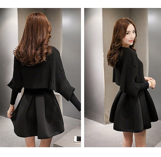 レディース　ニット　ツーピースドレス　トップス＆ワンピース　ミニワンピ　長袖　ポンチョ風　ラウンドネック　無地　大人可愛い　シンプル　リゾート　お出かけ　パーティ　入学式　卒業式　謝恩会　デート　ブラック　グレー　送料無料