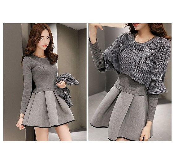 レディース　ニット　ツーピースドレス　トップス＆ワンピース　ミニワンピ　長袖　ポンチョ風　ラウンドネック　無地　大人可愛い　シンプル　リゾート　お出かけ　パーティ　入学式　卒業式　謝恩会　デート　ブラック　グレー　送料無料