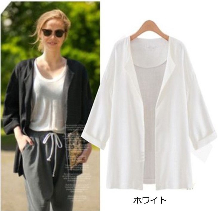 レディース　ジャケット　七分袖　無地　ロング丈　コート　大人カジュアル　普段着　お出かけ　おしゃれ　デート　リゾート　ブラック　ホワイト　レッド　送料無料