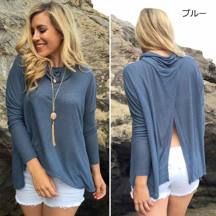レディース　Ｔシャツ　長袖　ミドル丈　ハイネック　プルオーバー　大人カジュアル　普段着　お出かけ　おしゃれ　デート　リゾート　レッド　ブルー　送料無料