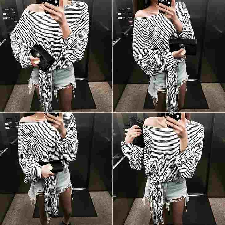 レディース　Ｔシャツ　長袖　ミドル丈　ピンストライプ　パッドスリーブ　大人カジュアル　普段着　お出かけ　おしゃれ　デート　リゾート　ホワイト　ブラック　送料無料