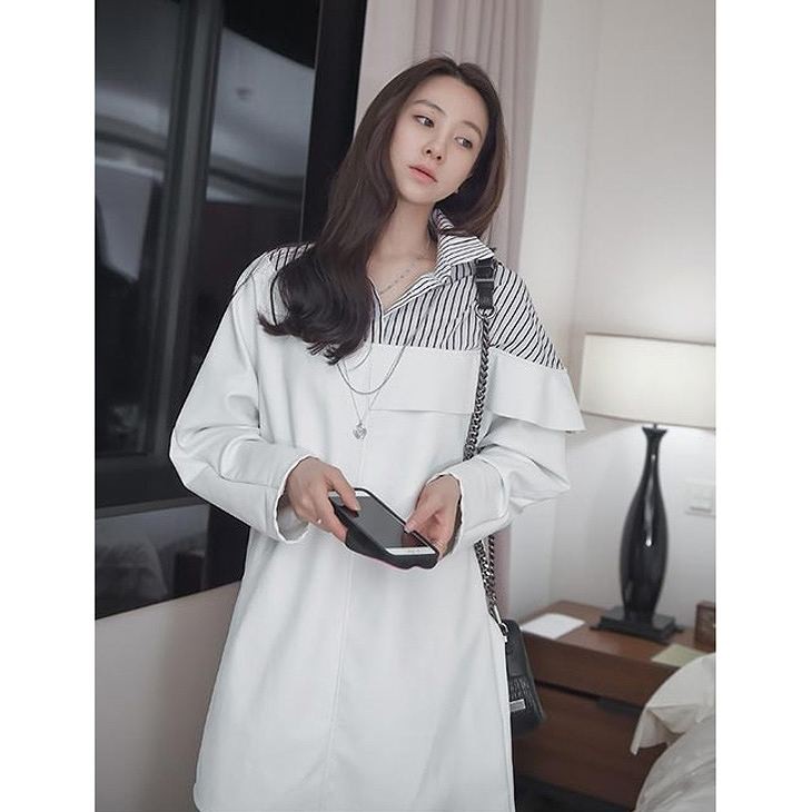 レディース　ドレスシャツ　ロング丈　長袖　ストライプ切り替え　大人カジュアル　普段着　お出かけ　おしゃれ　デート　リゾート　ホワイト　ホワイト　送料無料