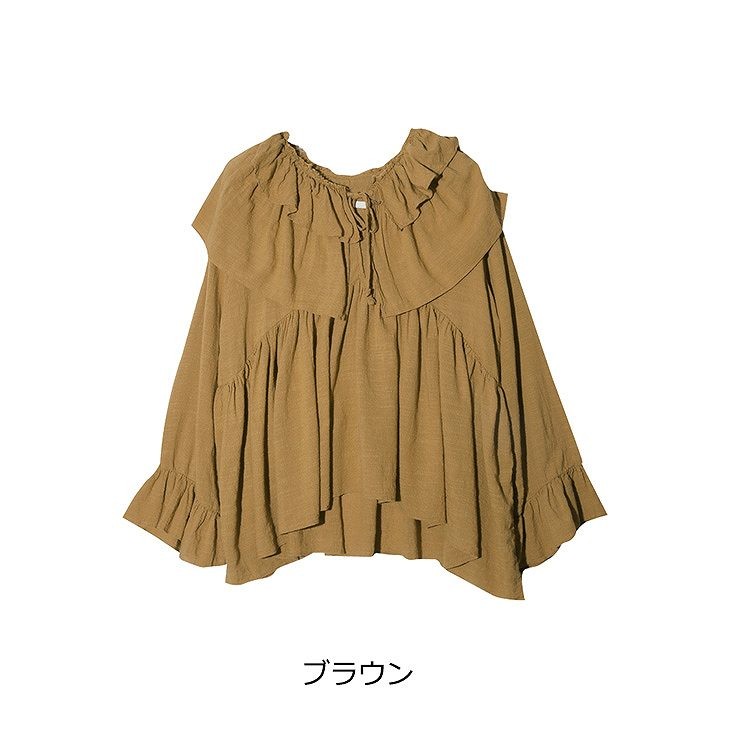 レディース　シャツ　ミドル丈　長袖　ホーンスリーブ　Ｖネック　大人カジュアル　普段着　お出かけ　おしゃれ　デート　リゾート　ブラウン　ホワイト　送料無料