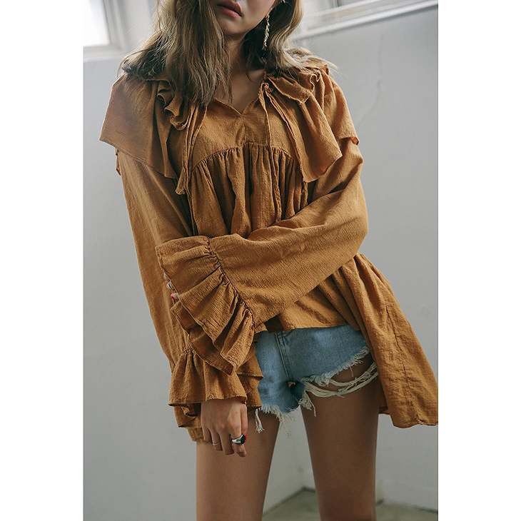 レディース　シャツ　ミドル丈　長袖　ホーンスリーブ　Ｖネック　大人カジュアル　普段着　お出かけ　おしゃれ　デート　リゾート　ブラウン　ホワイト　送料無料