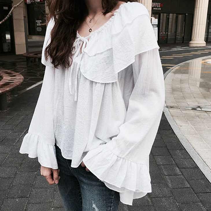 レディース　シャツ　ミドル丈　長袖　ホーンスリーブ　Ｖネック　大人カジュアル　普段着　お出かけ　おしゃれ　デート　リゾート　ブラウン　ホワイト　送料無料